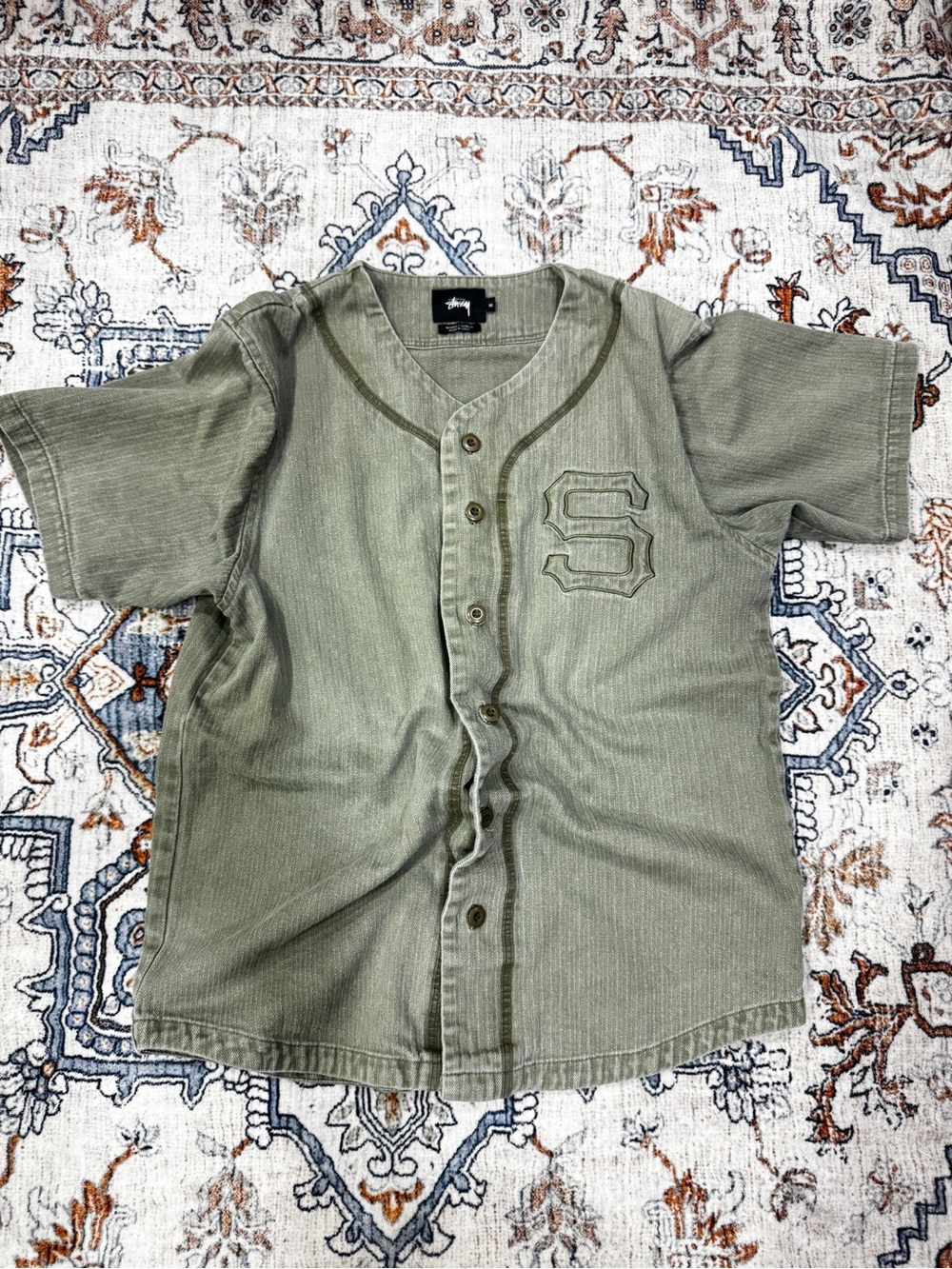 Stussy Olive Green Short-Sleeve Baseball Jersey with 'S' Chest Patch